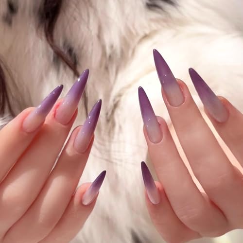 MERVF Long Stiletto Press on Nails Fake Nails Purple Ombre French Tip Glue ons Lavender Solid Color Almond Deep Color Acrylic False Nail Supplies Glossy 24pcs