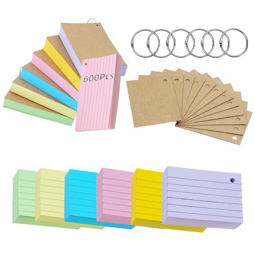 Vicloon 600 Fiches Bristol Lignées 7,4x5,1 Cm Avec 6 Anneaux - Cartes De Révision Et Vocabulaire Multicolores