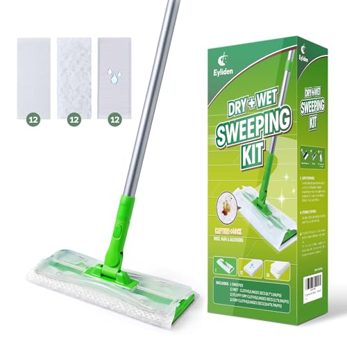Image of Eyliden Sweeper Mop with 36 Refills - 3 Types of Disposable Dry & Wet Cloths | Lock-Tight Design No Lost Pads, Universal Refills, Multi-Surface Sweeping Starter Kit for Pet Hair, Dust, Floor Cleaning
