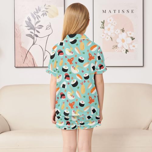 Cute Japanese Food Prints Summer Satin Pajama Set, Cute Button-Down Sleepwear Pj Set for Sleep Wears4