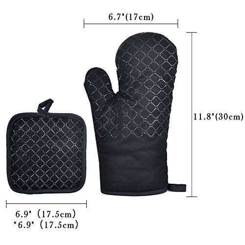 Foto von Bulckrew Ofenhandschuhe und Topflappen im Set, extra weiche waschbare Baumwolle Topfhandschuhe, Hitzebeständig bis 300°C Küchenhandschuhe zum Kochen & Backen,4pcs Schwarz