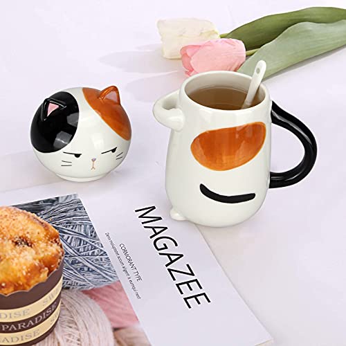 15 oz Cute Ceramic Coffee Mug with Lid and Spoon Adorable Cat Tea Cup for Women Ladies 3D Kawaii Cat Coffee Mug Lover Gift Porcelain Novelty Pusheen Kitty Tea Mug