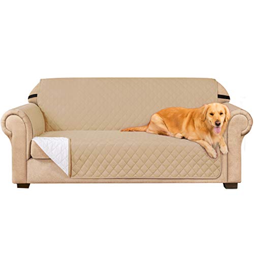 subrtex Funda de sofá Reversible Acolchada para 1,2,3 plazas Funda de Silla Antideslizante para Mascotas y niños con Correas Elásticas Protector de Muebles (3 Plazas, Beige)