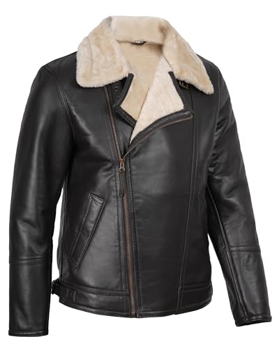 Image of fjackets Shearling Leather Coat Men - Real Lambskin Leather Jackets Mens Sherpa Lined Winter Casual Fur Coats Outerwear