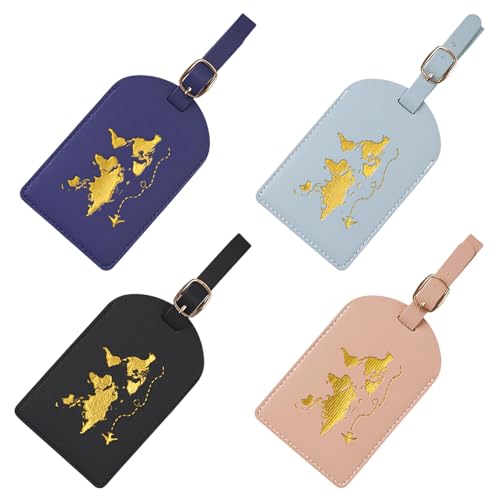 Set of 4 Faux Leather Luggage Tags for Suitcases, Metallic Gold World Map Design, Adjustable Buckle Straps, Gold-Tone Hardware, Travel Bag ID Tags in Black, Navy, Pink and Light Blue