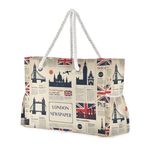 susiyo Newspaper-style English Landmark Beach Bags for Women Large Travel Tote Bag Waterproof Sandproof Lightweight Swim Pool Bag for Family Outdoor