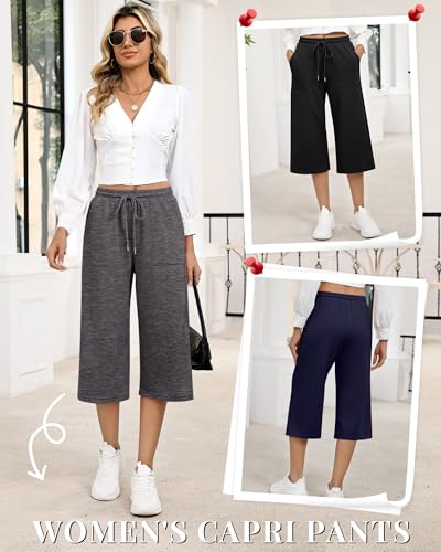 Image of 3 Pack Women's Capri Sweatpants Wide Leg Capris Casual Drawstring Loose Cropped Lounge Yoga Pants with Pockets