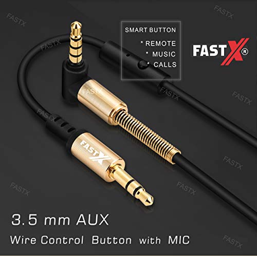 Image of FASTX Strong Black L-Shaped 3.5mm Aux Cable with mic 24K Gold Plated Male to Male Audio Cable with Inline Wire Control Button for Music and Smart Control for Answer Phone Calls.