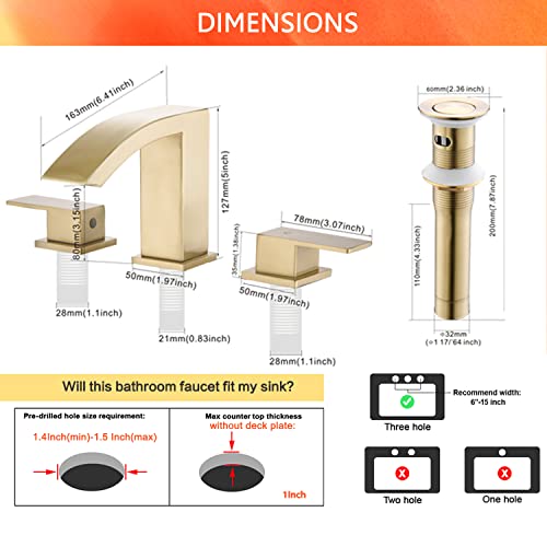 Bathroom Sink Faucets, 3 Holes Two Handles Bathroom Faucet With Pop Up Drain And 2 Water Supply Lines, 8 Inch Widespread Bathroom Sink Faucet Waterfall Bathroom Sink Faucet Brushed Gold #TOP3