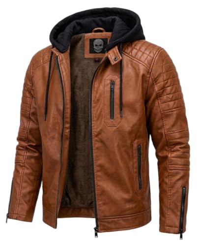 Image of Blaq Ash Men's Faux Leather Biker Jacket with Removable Hood, Quilted Shoulder, Dark Brown