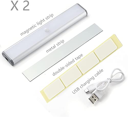 Image of Moston Set of 2 10 LED USB Rechargeable Magnetic Motion Sensor Night Light, Auto On /Off Cabinet Lighting, Portable Cordless Stick Anywhere for Cupboards Wardrobe (Silver Cabinet Light)