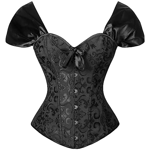 Kimring Women's Victorian Vintage Cap Sleeves Off Shoulder Sweetheart Neckline Brocade Overbust Corset Top Black Medium Cover