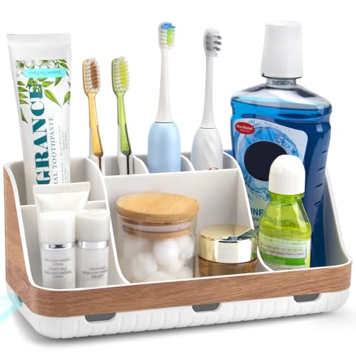 Image of GFWARE Bathroom Countertop Organizer - Detachable 7 Slots Kids Electric Toothbrush and Toothpaste Holde Drainage for Bathroom Accessories Organization Counter Vanity Storage, Woodgrain
