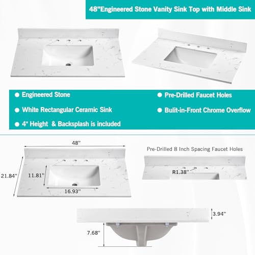 EQLOO 48\"x22\" Engineered Stone Bathroom Vanity Top with Rectangular Undermount Ceramic Middle Sink, 8 Inch Faucet Hole Spread with Backsplash Bathroom Vanity Sink Top (Cabinet Not Included)