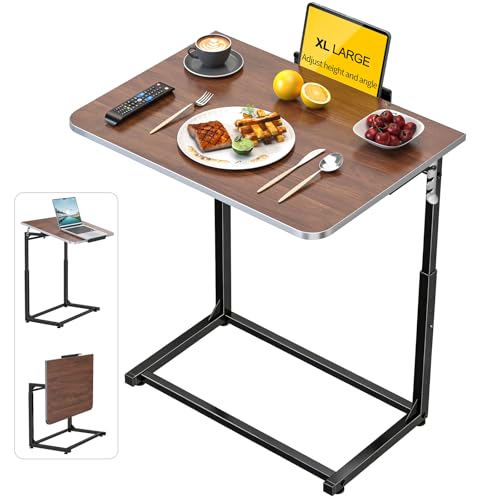 Image of Tv Tray Table,Extra Large Dinner Food Tray Table,Couch & Bed Eating Desk,Heavy Duty Folding Laptop Side Table with 8Height&90 Tilt Adjustable,C-Shaped End Table with Phone /Tablet Slot Walnut