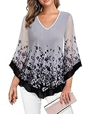 Lotusmile Womens Blouses 3/4 Sleeve, Flowy Tunic Double Layers Mesh Shirt Patchwork Cute Clothes for Ladies Tops and Dressy V Hem Top Attractive Blouse, Midnight Purple XL