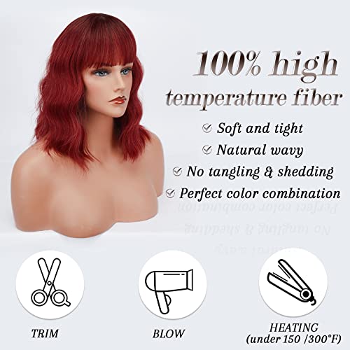 BARSDAR Pastel Wavy Wig Fluffy Lovely Curly Wigs with Bangs 14 Inches Soft Heat Resistant Synthetic Hair Shoulder Length Cosplay Party Wig with Free Wig Cap for Women/Girl- Red - Image 3