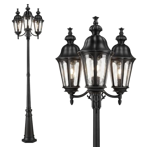 Image of HWH 98 Inch Outdoor Lamp Post Light, Seeded Glass, Waterproof, 5HW90PL-3 BK | Aluminum, Black, 3-Head Pole Light Fixture, Street Light for Garden, Driveway and Yard, Built For Exterior Weather Exposure