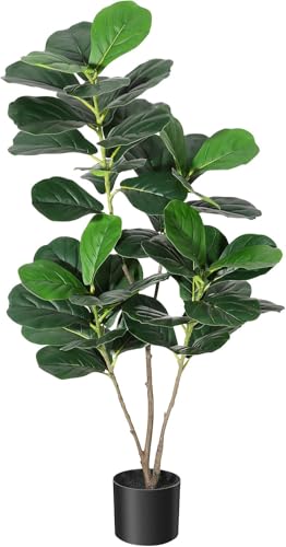 4FT Fiddle Leaf Fig Artificial Tree Faux Floor Plant with Black Planter Pot, Potted Fake Fiddle Leaf Fig Tree for Indoor Outdoor Home Office Decor