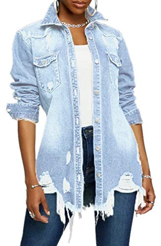 Denim Jacket for Women Lapel Slim Long Sleeve Classic Distressed Denim Trucker Jackets Outercoat