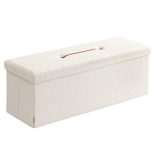 SONGMICS HOME Puff Almacenaje, Baúl Plegable, 38 x 110 x 38 cm, Banco Almacenaje, Banco de Pie de Cama, Soporta hasta 300 kg, para Sala de Estar, Dormitorio, Entrada, Blanco Crema LSF097W01