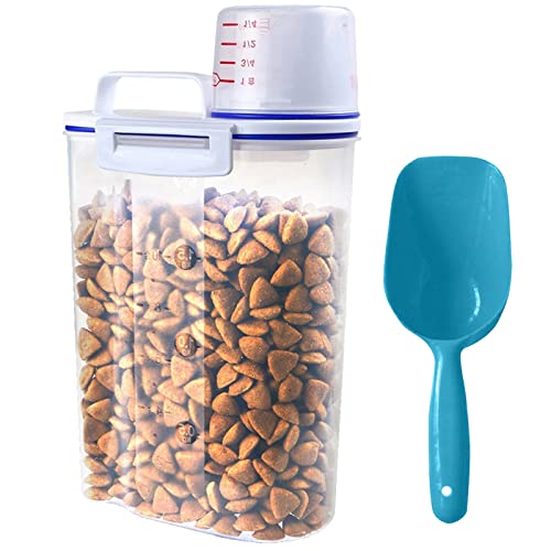 Pet Food Storage Container, Airtight Small Dog Food Container Cat Food Container with Measuring Cup, 4 Seal Buckles Food Dispenser for 3.5 Pounds of Pets Birds Seed, Waterproof Storage and Food Scoop