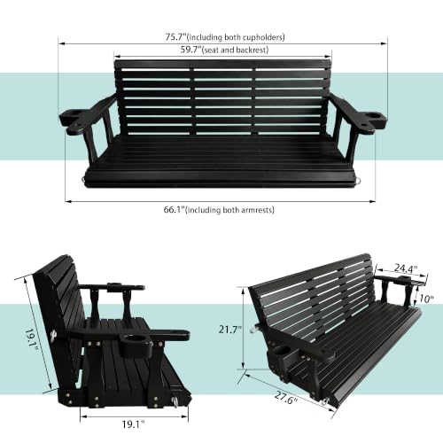 Image of Fortune Candy Wooden Porch Swing 3-Seater, Iron Black, 5.5 FT Extra Large