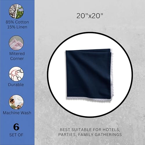Image of FINGERCRAFT Lace Trim Cloth Napkins Set of 6, 20x20 Inch Cotton Linen Blend Dinner Napkins, Reusable Washable Table Napkins for Wedding, Farmhouse Dining, Parties & Home Decor (Navy)