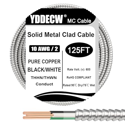 Image of 125ft 10 /2 Metal Clad (MC) Cable with Ground, 10 Gauge Electric Wire with Aluminum Armor, Solid Bare Copper Conductors for Indoor Outdoor Underground Embedded Installation (10 /2, 125 ft)