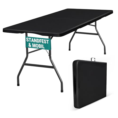 Byliable Klapptisch 180cm tragbar robust Kunststoff zusammenklappbar für drinnen und draußen für Camping Picknick und Party (Schwarz)