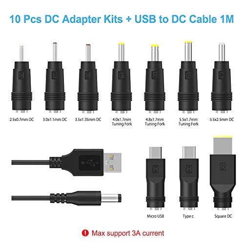 Usb To Dc Power Cable With 10Pcs Dc Barrel Jack Universal Laptop Power Adapter Tips Usb 2.0 To Dc 5.5X2.1Mm Plug Charging Cord Kits Max 3A Compatible For Lenovo, Compatible For Asus And More #TOP1