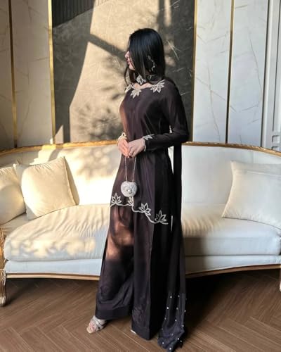 Image of Luxury Black Embroidered Women's 3-Piece Suit Set - Elegant Long Kurta with Silver Leaf Embellishment, Wide-Leg Pants & Matching Dupatta (Full Stitched)