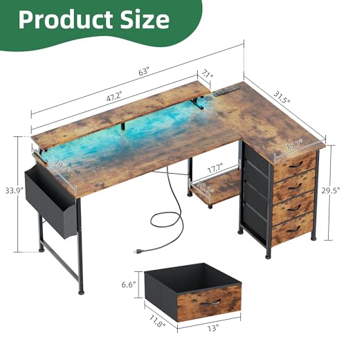 Image of VERMESS 63 inch Reversible L Shaped Gaming Computer Desk, Corner Desk with Power Outlets & Monitor Stand, Writing Study Table with 4 Storage Drawers, Desk with LED Lights, Rustic Brown