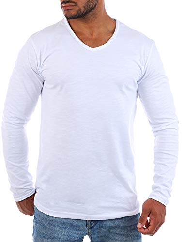 Young & Rich YR-2240 - Camiseta básica de manga larga con cuello en V profundo y cuello en V, estilo vintage con aspecto desgastado Blanco XL