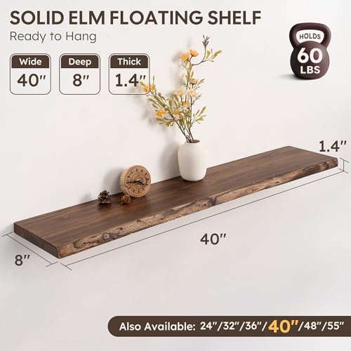 Image of 40 inch Live Edge Floating Shelves, Solid Elm Wood, Vintage