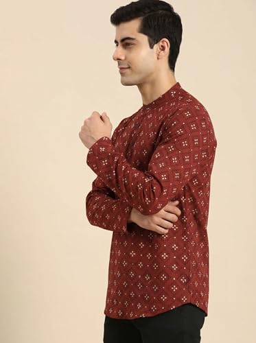 Image of Zombom Men's Cotton Polyester Blend Solid Regular Fit Full Sleeve Printed Short Kurta | Ethnic, Lightweight Summer Kurta for Daily & Occasion Use | Men's Trendy Short Kurta