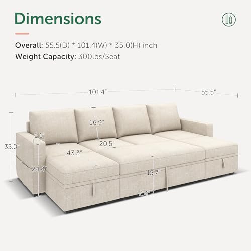 Image of HONBAY Modular Sectional Sleeper Sofa Bed, Sectional Couch with Pull Out Bed U Shaped Modular Couch with Storage Ottoman for Living Room, Beige