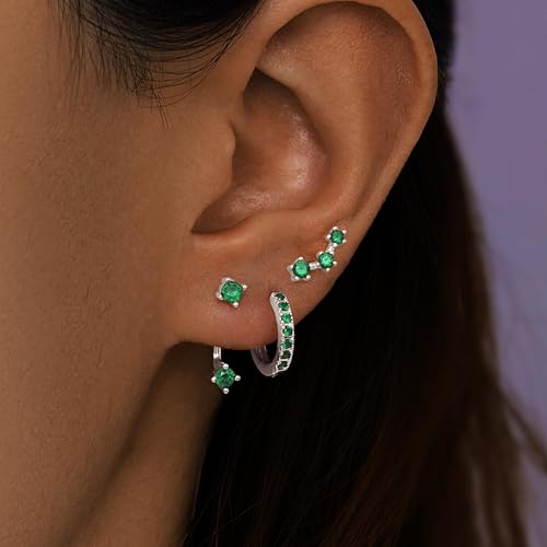 Silver Green Earrings for Women, Green Stud Earrings Set, May Birthstone Huggie Hoop Jacket Earring Stack for Multiple Piercing Trendy Jewelry Gifts by Poxtex - Used condition - Image 2