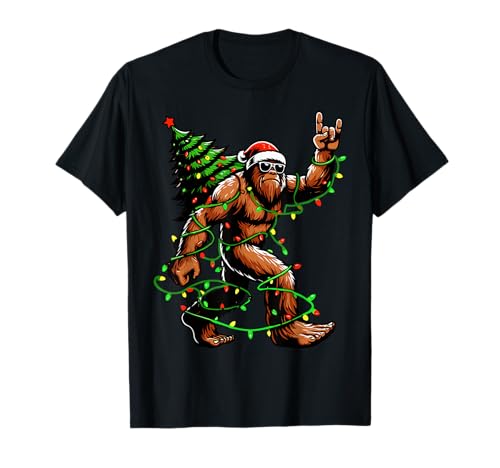 Santa Bigfoot Christmas Tree Xmas Lights Funny Sasquatch T-Shirt