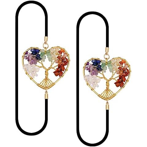 Mogokoyo 2Pcs Antique Bookmark, 7 Chakra Healing Crystals Tree of Life Tumbled Gemstones and Round Beads Elastic Band Valentine's Day Gift Bookmark Gold Cover