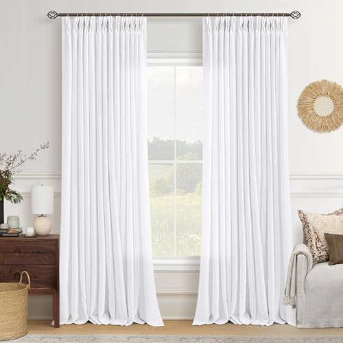 Image of Pure White Pinch Pleated Semi Sheer Linen Curtain 108 Inch Extra Long Drape | Bohemian, Light Filtering Privacy, Floor To Ceiling, Burlap Textured, Living Room Glass Door, Hook Rings Memory Shape, Drapes