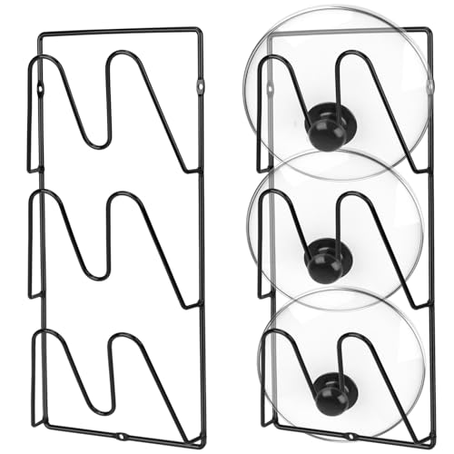 QWORK® 3-Tier pan lid holder, Pot Lid Organizer Rack, Black Rustproof Holder for Kitchen Storage, Adhesive & Screw Mount