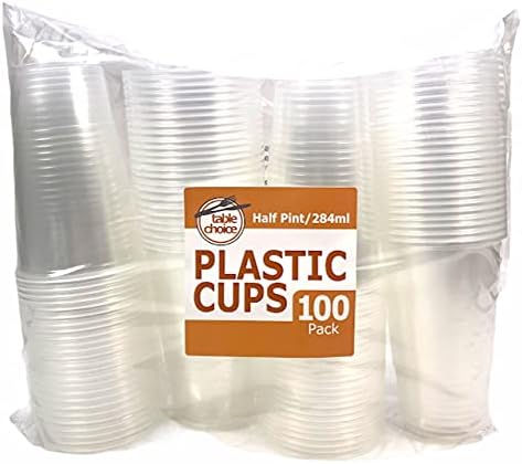 Clear & Strong Disposable Plastic Half Pint Cups - Recyclable Beer & Drinks Glasses (284ml 100 Pcs)