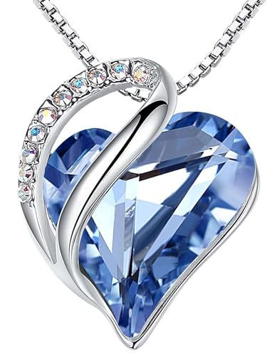 Leafael Infinity Love Heart Pendant Necklace, March & December Birthstone Crystal Necklaces for Women, Silver Tone Jewelry Gifts for Women, Light Sapphire Blue, 18-inch Chain & 2-inch Extender