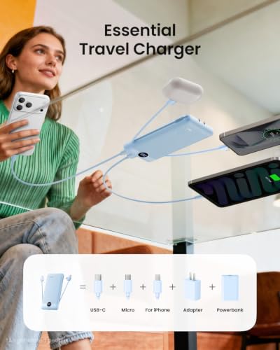 Image of Portable Charger Built-in Cables and Wall Plug, 10000mAh Slim USB C Power Bank, LED Display External Battery Pack Compatible with iPhone /Android & More (Blue)
