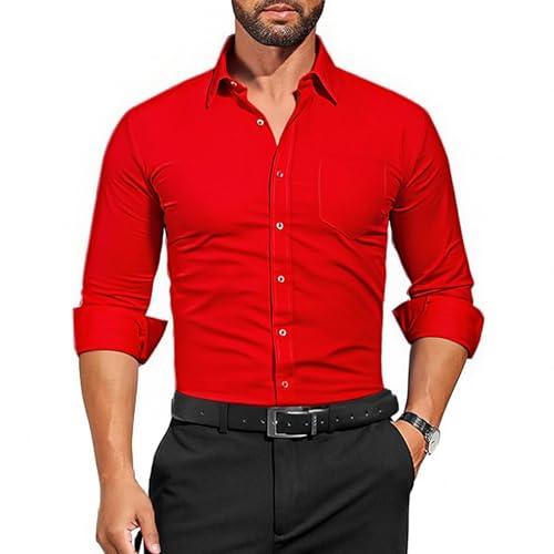 Camisas Hombre Manga Larga Camiseta Hombre Slim Fit Camisa Casual Popular Tshirt Otoño Polos 2#Rojo L