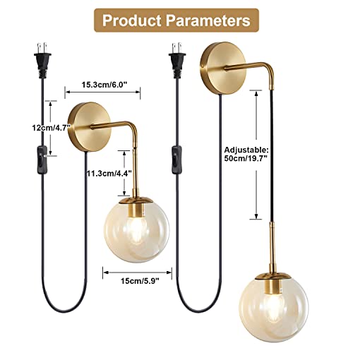 Image of KCO Lighting Modern Plug in Wall Sconce Set of 2 Gold Glass Globe Bathroom Wall Sconce Mid Century Adjustable Wall Lamp Plug in for Corridor Bedroom Entryway (Amber & 2-Pack)