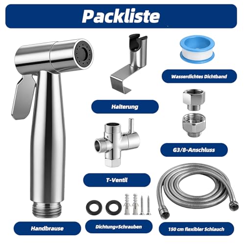 Bidet Handbrause Set, Hand Gehalten Bidet Sprayer Edelstahl mit Ventil T-Adapter (G1/2’’-3/8’’), 150cm/59inch Schlauch - und Hakentoilette oder Wandhalterung, Duschkopf Windel Dusche Tierbad