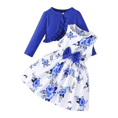 BILIKEYU Little Girls Dress Sets Prints Sleeveless Bow High Waist A-line Swing Dress and Long Sleeve Open Front