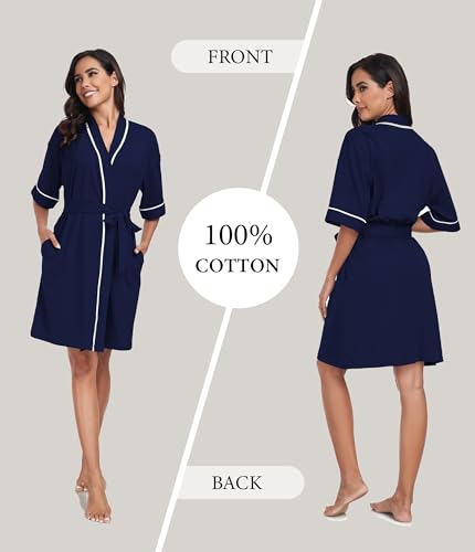 Image of ANLIQI Womens 100% Cotton Robes Lightweight Summer Short Sleeve Lady Bathrobe Knee Length Kimono Robe Sleepwear with Pockets